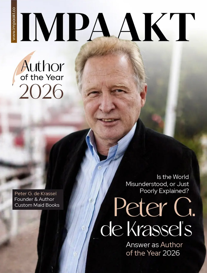 2026 author of the year IMPAAKT magazine cover featuring Peter De Krassel