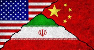 USA, China and Iran flag together on wall representing Diplomatic relations between United States of America, Iran and China